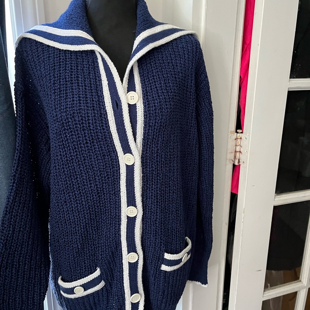 Navy Blue Knit Sweater with White Trim - Picture 5 of 11